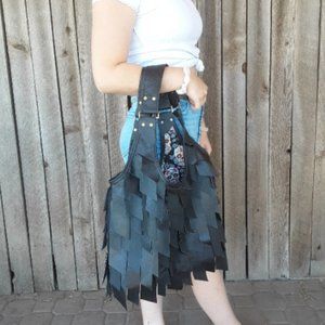 Handmade Black Leather Fring Hobo Bag